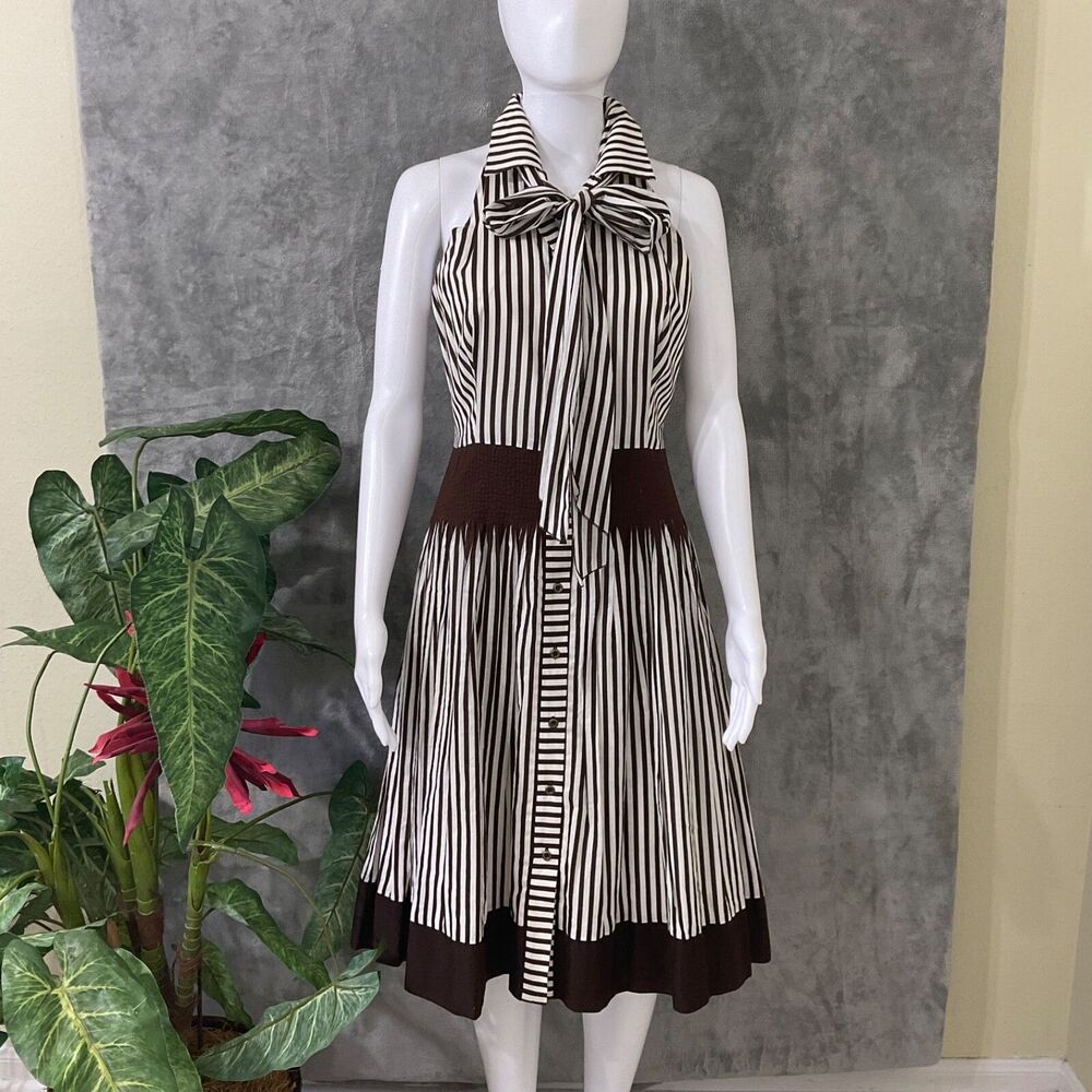 Donna Morgan Retro Dress women sz. 6 Brown striped Button Up Cotton belt/scarf